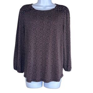 Adrianna Papell Heart Print Black Red Smocked Shoulder Blouse Medium Long Sleeve